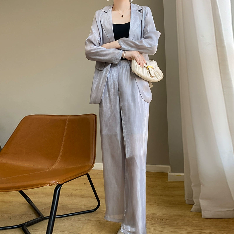 24-летние новые ацетатные атласные модные костюмы женские тонкие повседневные брюки свободные дикие два комплекта