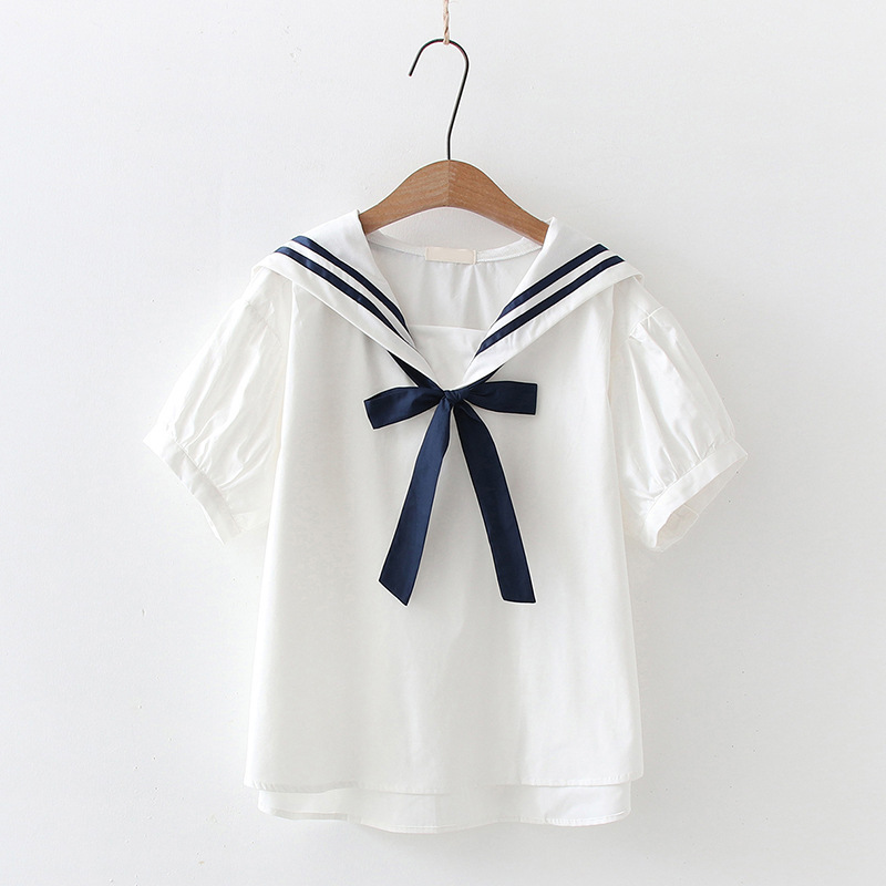 Sweet Preppy Style Navy Collar Short-Sleeved Shirt 2024 Spring and Summer New Style Middle School Student Design Versatile Loose Shirt