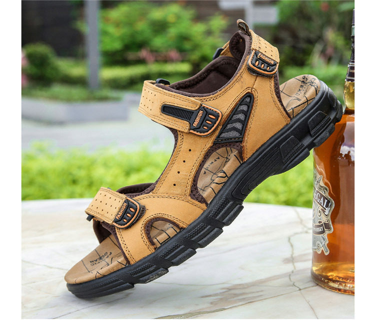 Dép sandal nam da bò hở mũi đế dày, quai buộc thoáng khí cỡ lớn — màu đen, vàng, Màu nâu chi tiết 25
