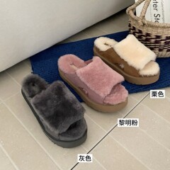 河南桑坡村松糕底厚底新款舒适巴约娜羊毛翻毛皮拼接毛毛拖鞋