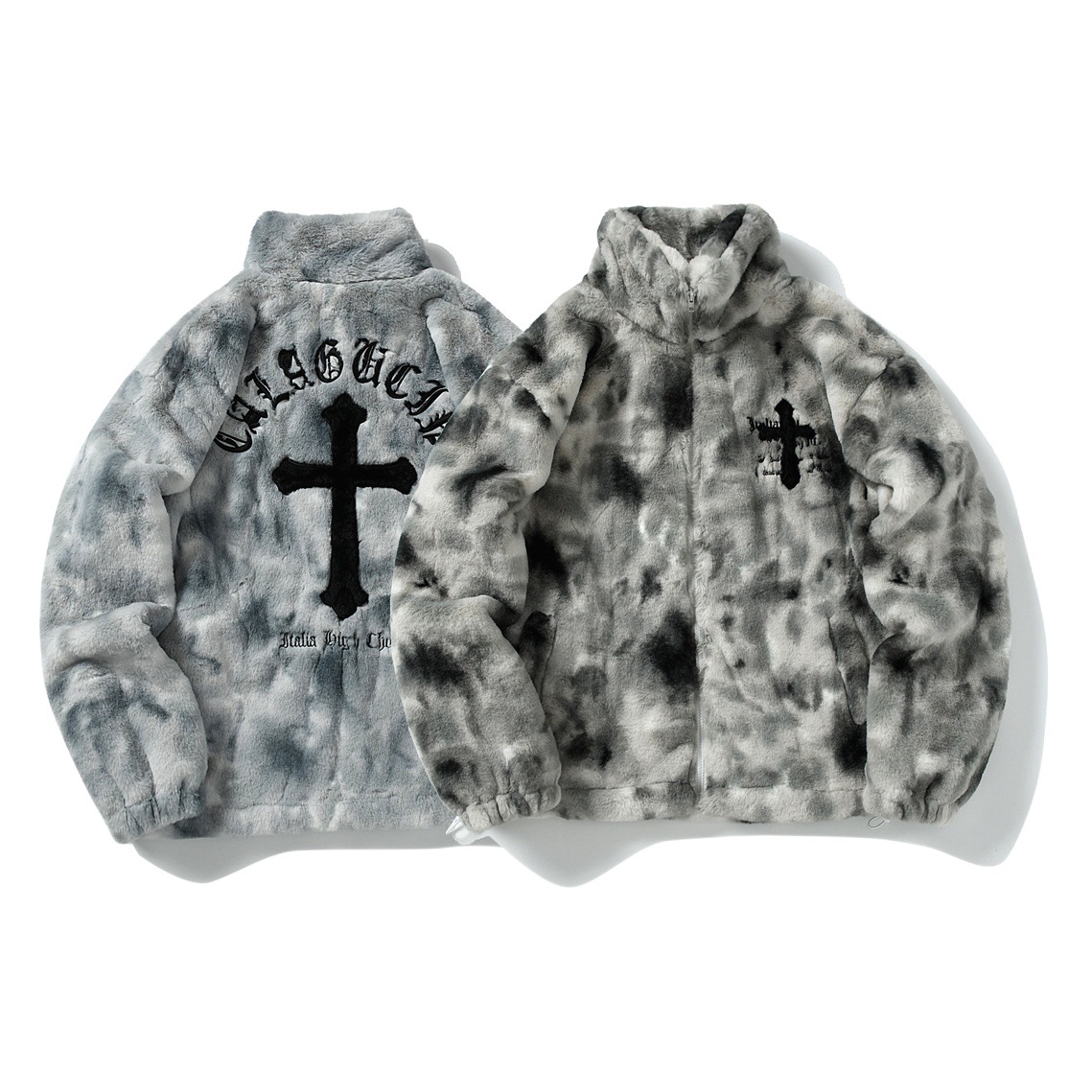 Americano retro teñido de corbata gradiente de felpa Cruz bordada lana de cordero imitación conejo abrigo de piel hombres y mujeres pareja suelta Chaqueta de algodón acolchado