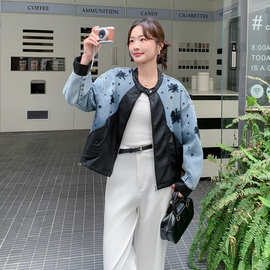 甜酷风牛仔拼接皮衣女春季2026新款重工刺绣立领拉链宽松短款外套