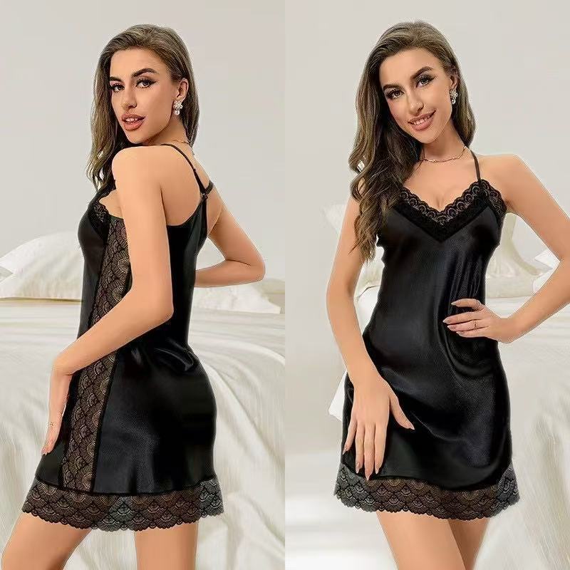 Cross-Border New Style Sexy Spaghetti Strap Nightgown for Women, Lace Trim Plain Dress, Thin Home Wear, Direct from Manufacturer