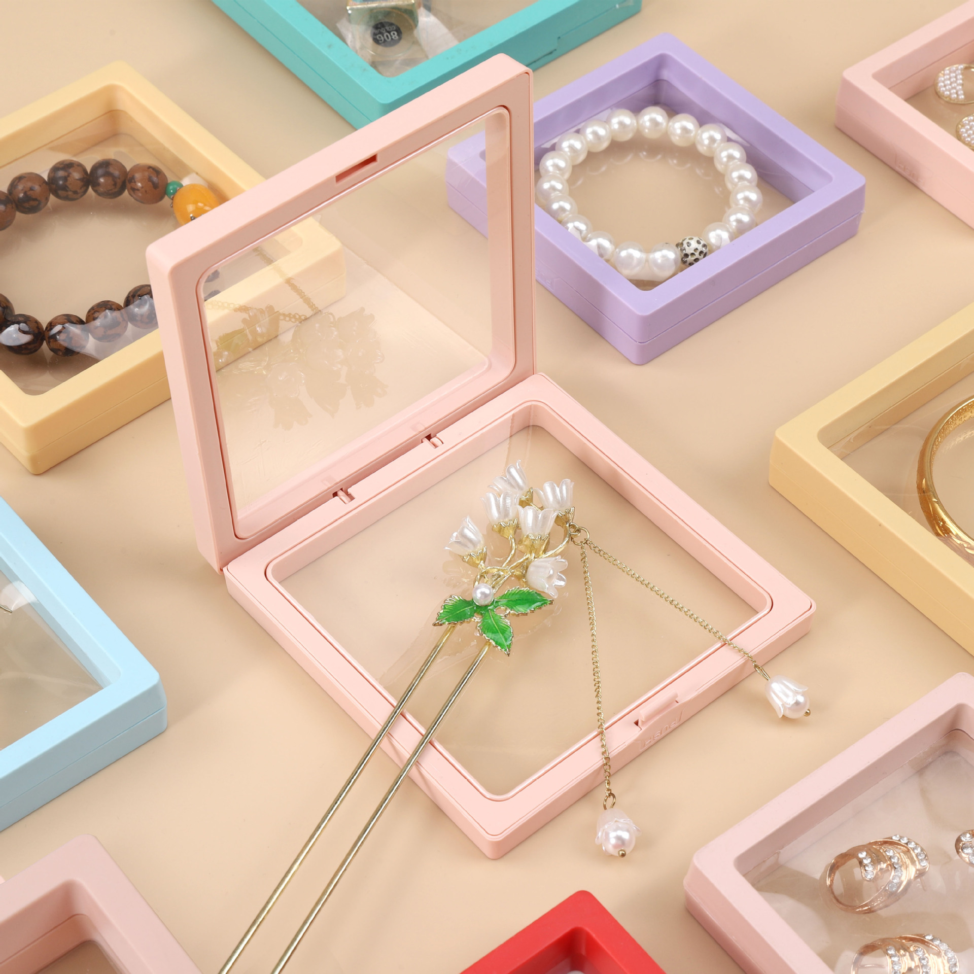Caja flotante transparente de PE para joyas, anillos, collares y pulseras, con compartimentos tipo cajón. image 3