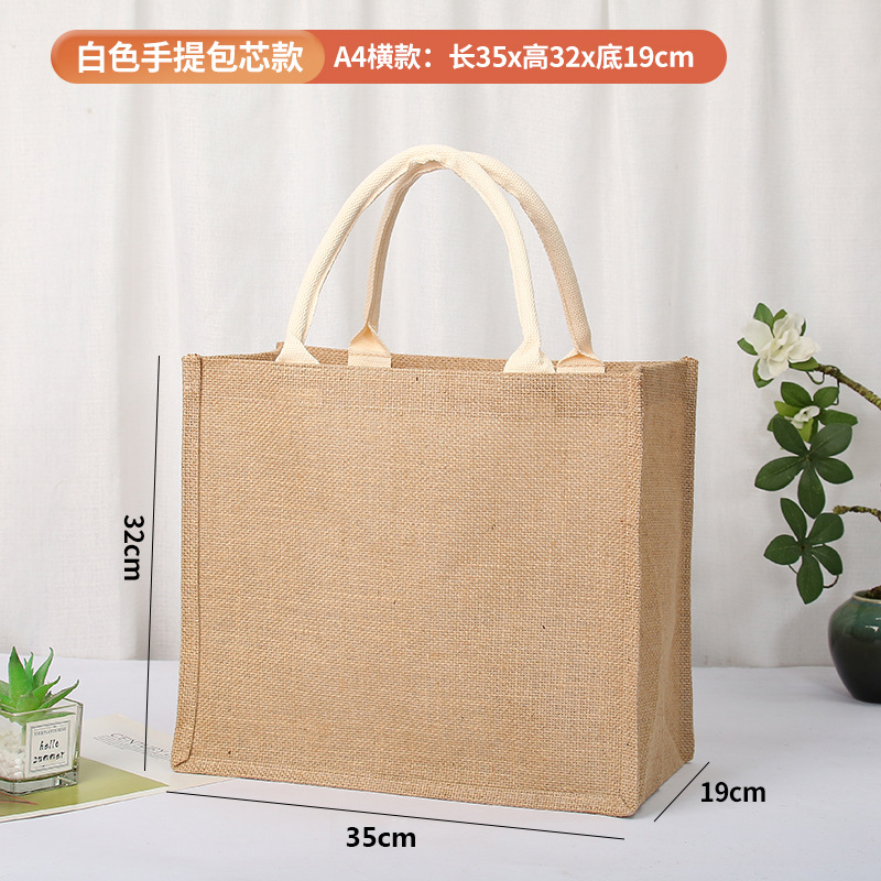 En stock bolsa de lino logotipo imprimible yute bolso de compras Muji en blanco DIY bolso de yute pintado a mano