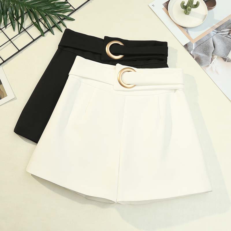 白色西装裤女装高腰A字阔腿裤圆环短裤2728一件代发百搭圆环设计