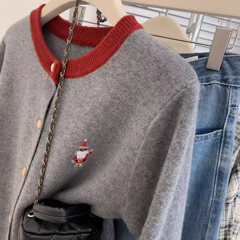 카디건 여성 100 순수 양모 스웨터 2024 가을 유럽 상품 크리스마스 레드 캐시미어 니트 겨울베이스 스웨터 재킷