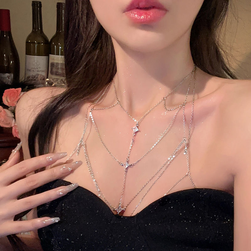 Spilla con zirconi, reggiseno con frange, collana a catena multistrato per il petto, alla moda e sexy, personalizzata._voghion.com