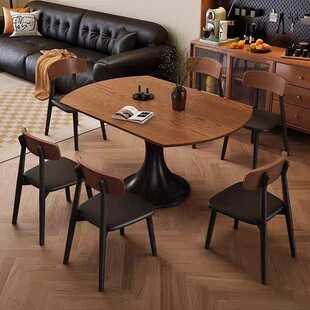 Retro Solid Wood Dining Table and Chairs Small Apartment Combination Home Modern Simple Light Luxury Walnut Color Retractable Dining Table