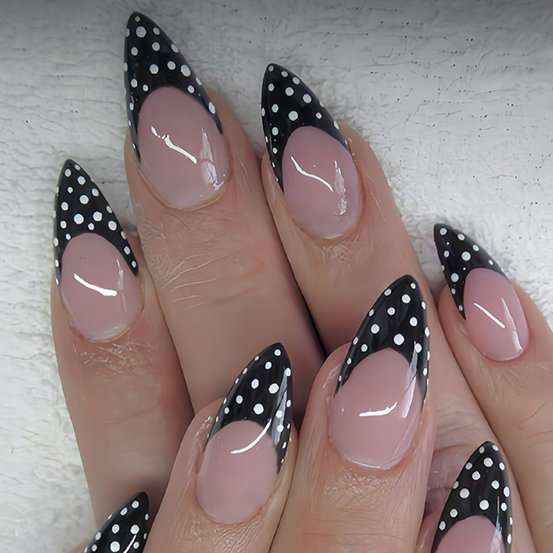Cross-Border Hot-Selling Water Drop Nails Simple Dark French Polka Dot Finished Press-On Fake Nails Manicure Patches Wearable Nails