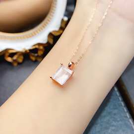 新款天然粉水晶吊坠S925银镶嵌主石8*10mm百搭网红爆款女饰批发