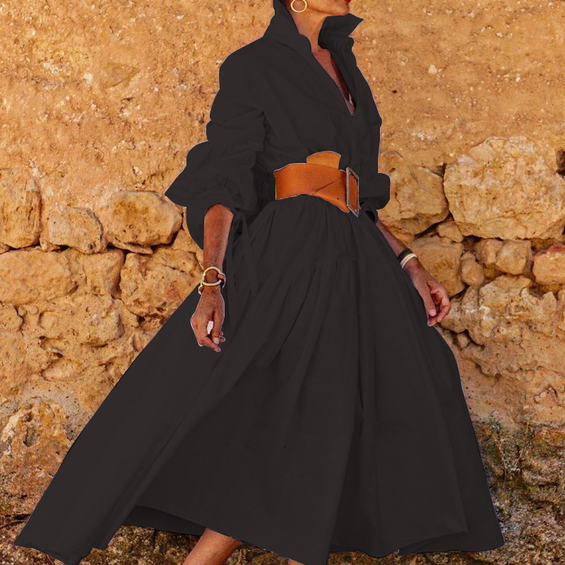 Women's A-line Skirt Casual Turndown Long Sleeve Solid Color Maxi Long Dress Street display picture 5