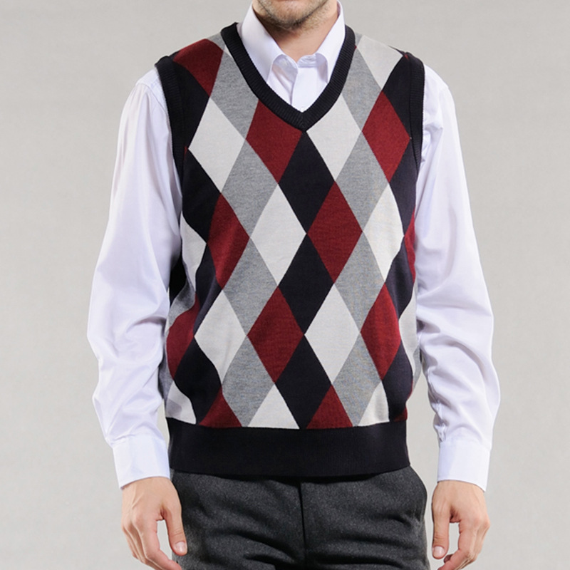 Spring and Autumn Men's Wool Wool Vest Spliced Color V-Neck Men's Classic Business Vest Diamond European and American College Style Vest Spring and Autumn Men's Wool Wool Vest Spliced Color V-Neck Men's Classic Business Vest Diamond European and American College Style Vest