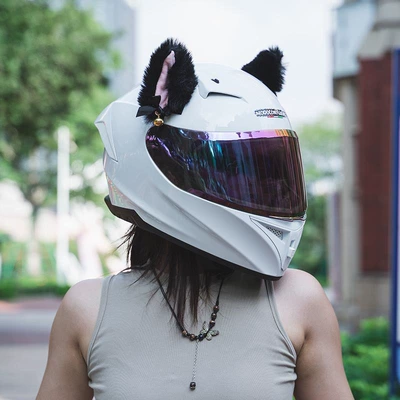 for Couples Cat Ear Safety Helmets, Motosiklet kaskı (dəbilqə) - premium-porcelain-white-colored-lenses-black-ears-m