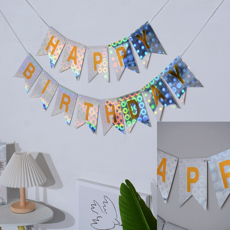 Papel de cumpleaños inglés dorado superficie brillante cola de pez tire bandera Feliz cumpleaños carta colorida bandera accesorios de decoración de fiesta