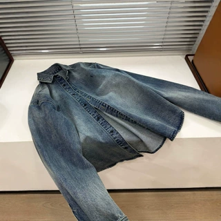 26秋新款刺绣字母男女同款复古海冰蓝色牛仔休闲衬衣外套