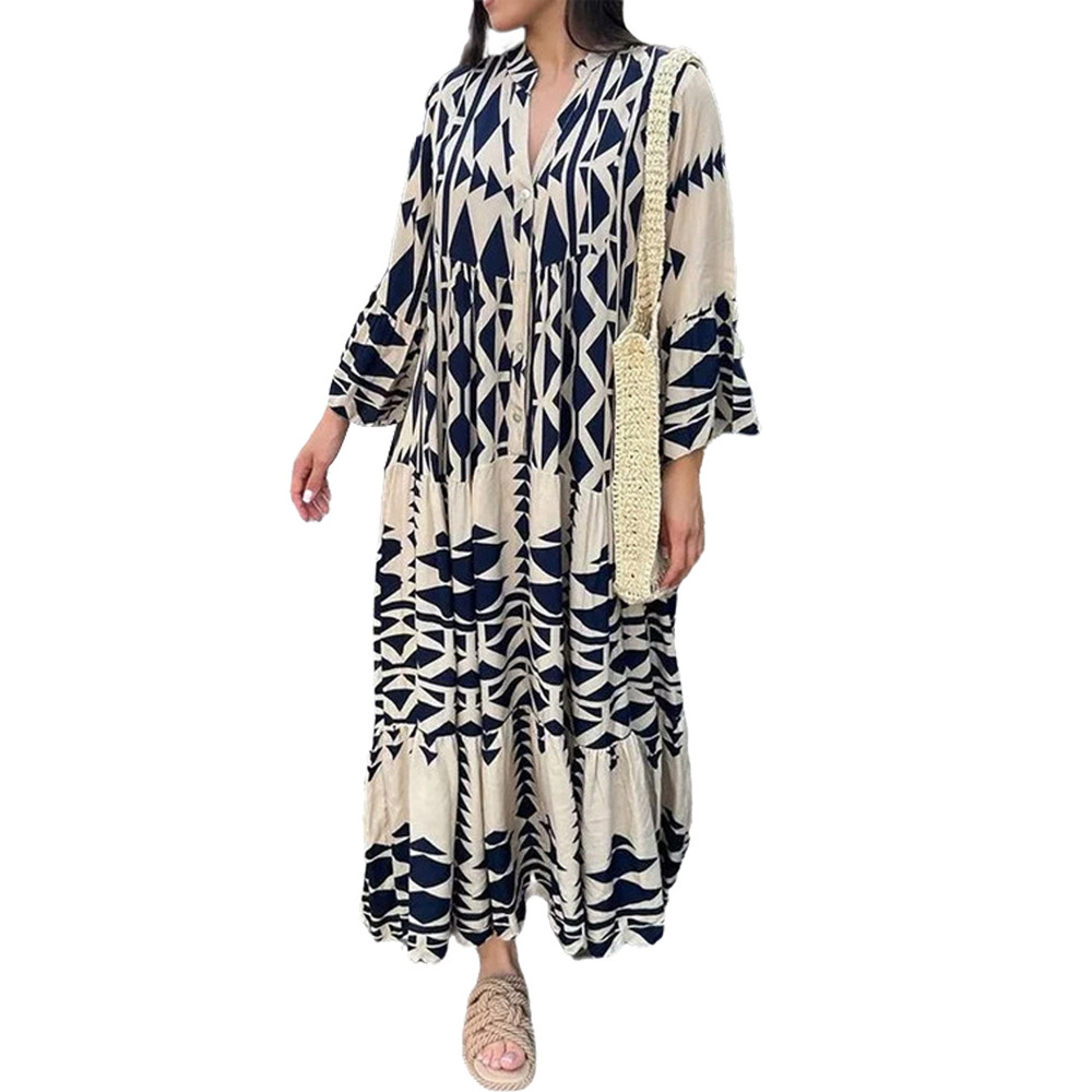 Women's Regular Dress Streetwear V Neck Printing Button Long Sleeve Printing Maxi Long Dress Holiday Daily display picture 12