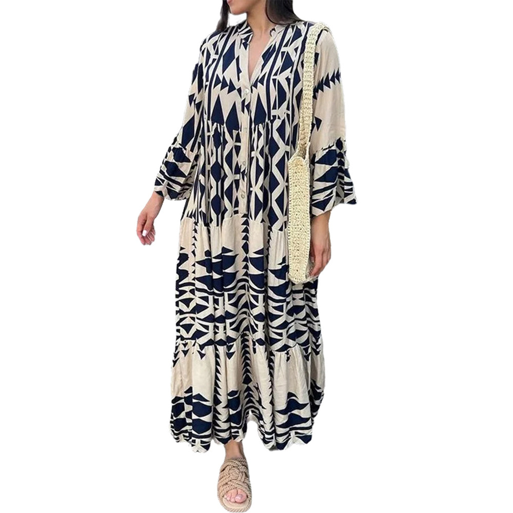 462g Weight Maxi Long Dress Dress Length Type Long Sleeve Sleeve Length Regular Dress Dresses Type Regular Sleeve Sleeve Type Polyester Fabric Type Mid Waist Waist Line Holiday, Daily Occasion V Neck Neckline Regular Fit Fit Type Printing Pattern Summer, Spring Season Women's Gender Printing, Button Design Streetwear Style Wholesale Women's Streetwear Printing Button Printing Holiday Daily V Neck Long Sleeve Regular Dress 11