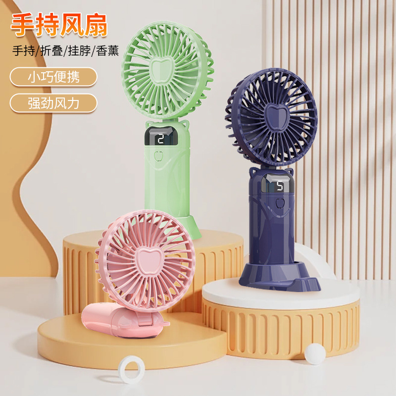Ventilador de mano pequeño con cuello colgante de nuevo estilo 2025, ventilador plegable de mano con carga USB, ventilador de mano con pantalla digital portátil