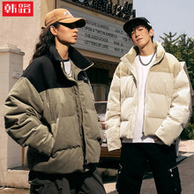 撞色拼接美式复古棉服外套情侣冬季潮牌棉衣加厚灯芯绒面包服q