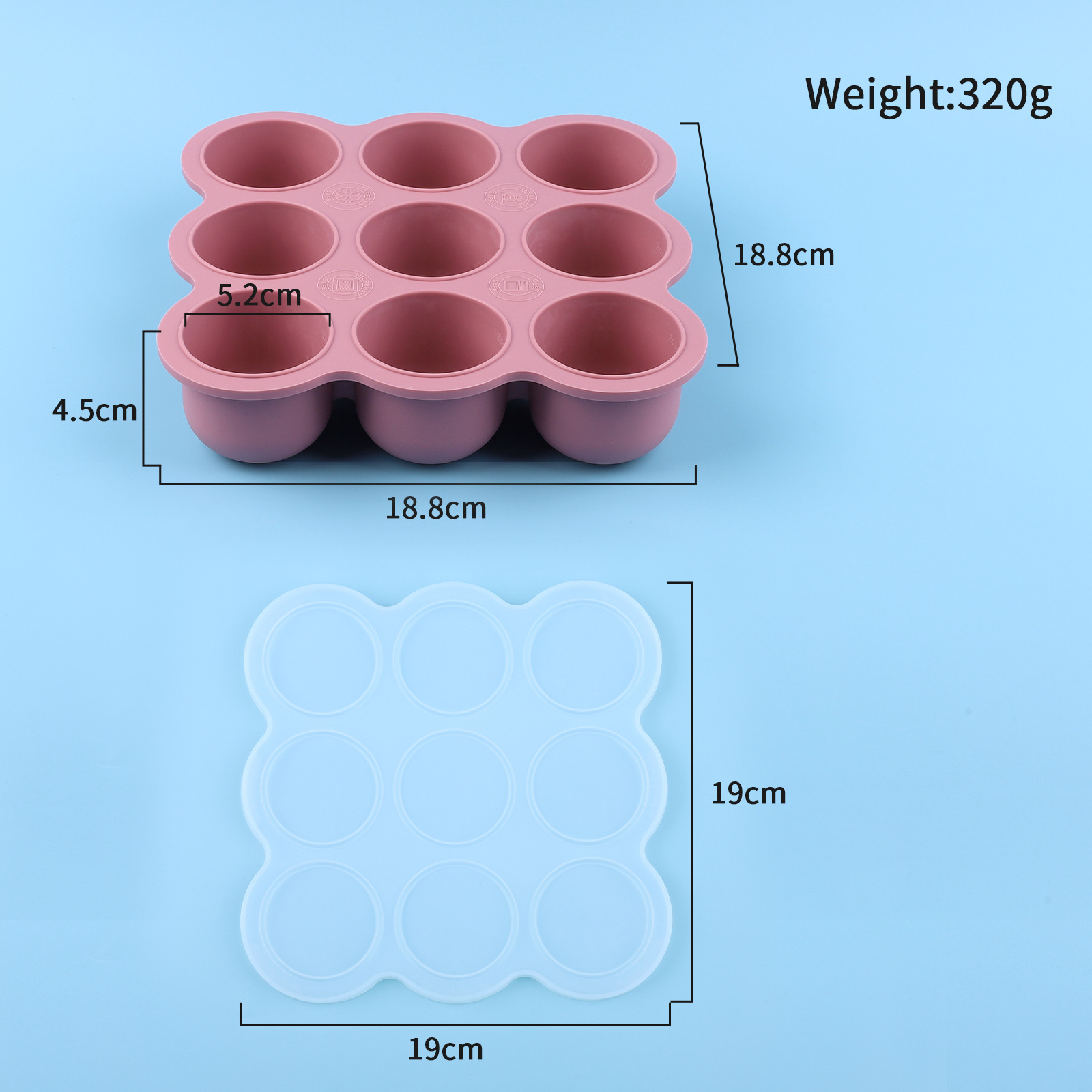 Bandeja de hielo de silicona de 9 orificios Caja de almacenamiento de conservación de alimentos para bebés y niños de silicona con tapa Molde de cubitos de hielo