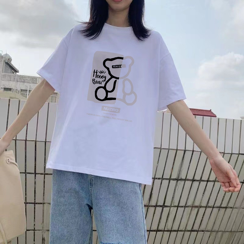 100%纯棉短袖T恤女夏季新款宽松百搭显瘦印花半袖休闲ins风上衣服