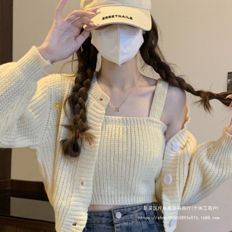 Short Knitted Cardigan for Women, Autumn High-Waisted Petite Outfit, Sweater Jacket Versatile Top Two-Piece Set