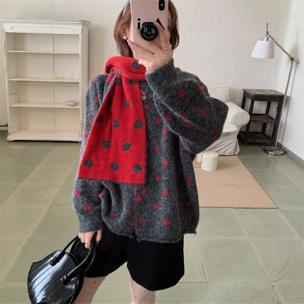 Korean Style Polka Dot Soft and Versatile Sweater Jacket for Women in Autumn and Winter New Loose Slimming Look Knitted Cardigan Top with Scarf