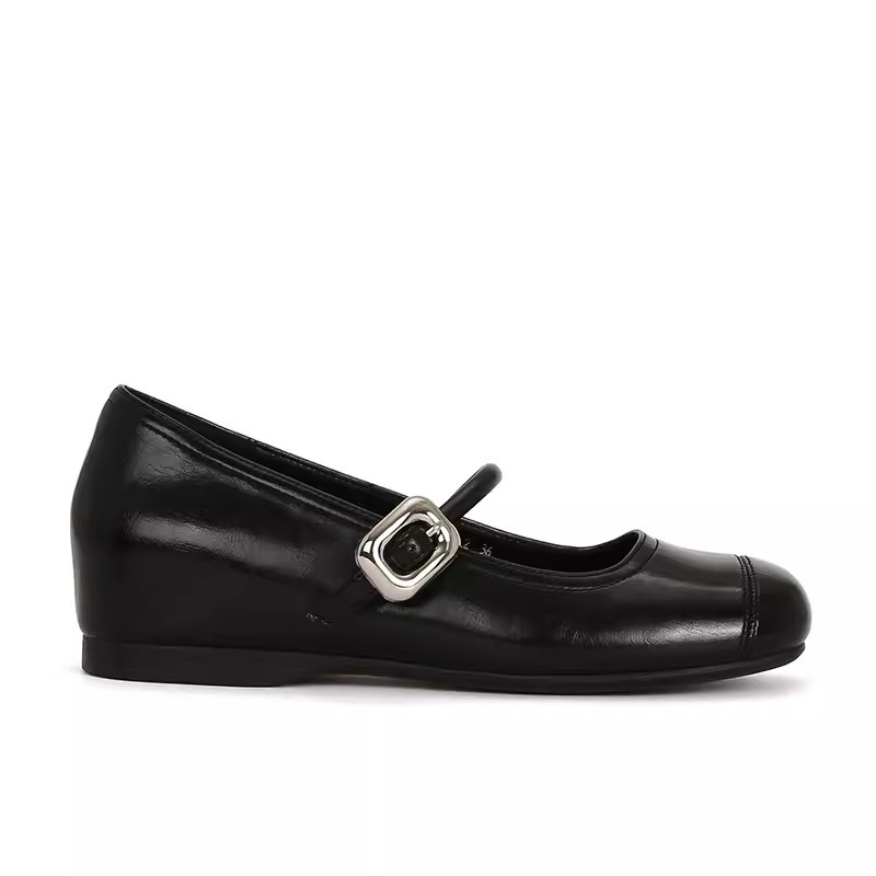 Versión de piel de oveja ~ Zapatos Mary Jane franceses que aumentan la altura, estilo igual al de Grape Mom, para mujer, zapatos planos de ballet con hebilla cuadrada, zapatos individuales para mujer.