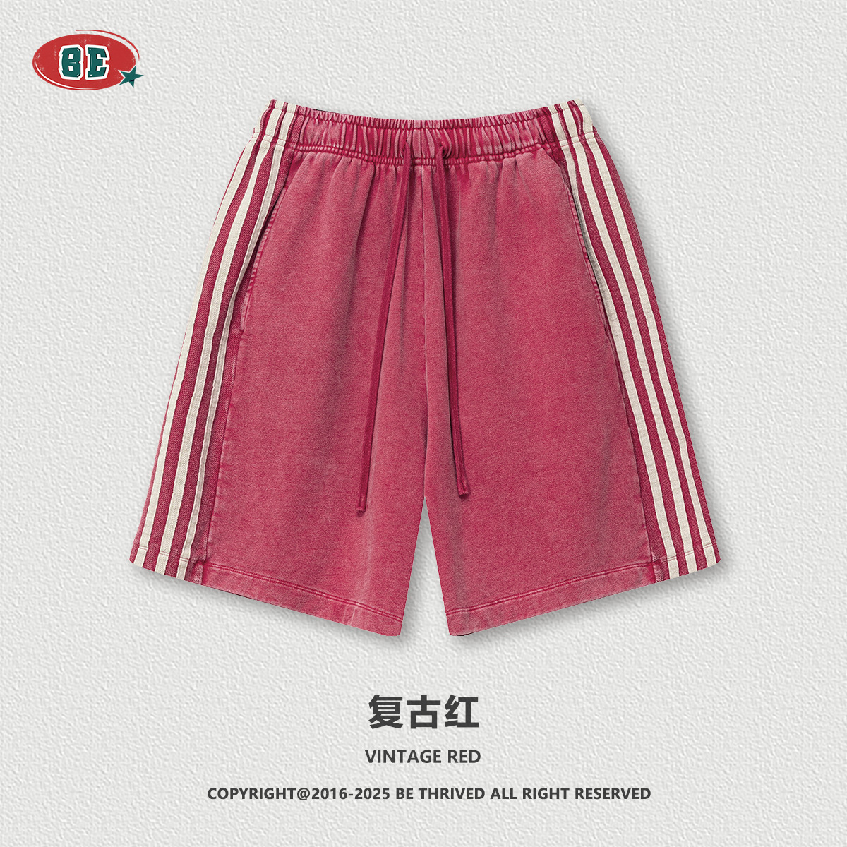 BE Men's Wear 2025 Summer Europa y Estados Unidos marca de moda lavado pantalones cortos casuales sueltos laterales de tres barras de gran tamaño pantalones de cinco puntos hombres