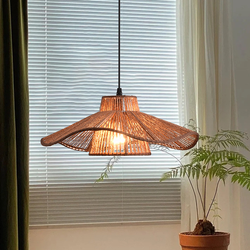 Lámpara Colgante de Estilo Japonés Wabi-Sabi Zen para Salón de Té, Lámpara Colgante de Paja de Cáñamo Hecha a Mano, Lámpara Colgante de Arte de Hoja de Loto para Restaurante