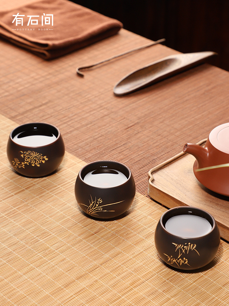 WBZ7廣西欽州坭興陶茶杯單個人專用主人杯女男陶瓷梅蘭竹菊泥興陶