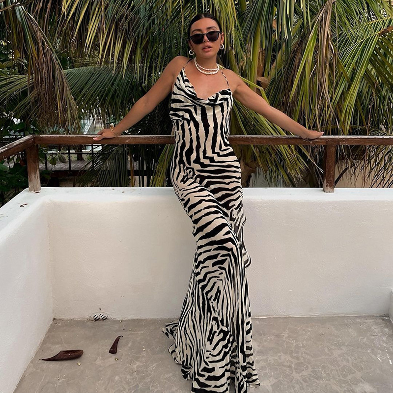 Women's Zebra Print High Slit Dress See-through Tie Waist Sexy Vacation Style Clothing for Fall Fashion 2024_ecoleips.com