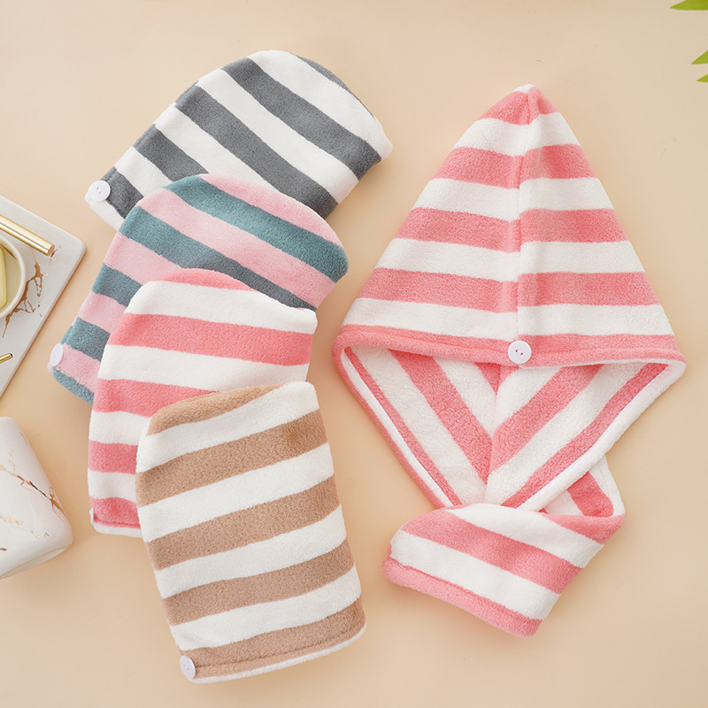 Double-layer dry hair hat, thick new super water-absorbent quick-dry coral velvet head scarf, factory striped dry hair towel