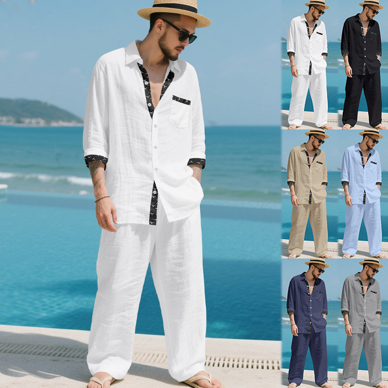 Completo in lino da uomo, set due pezzi stile old money_voghion.com