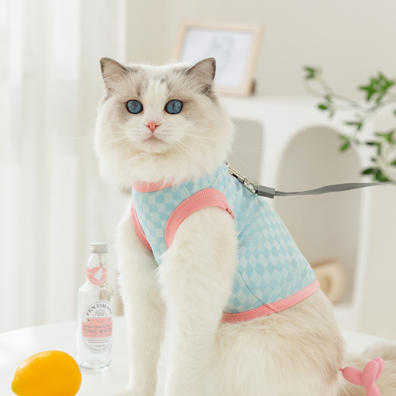 Gato primavera y verano delgado transpirable ocio viento color contraste tablero de ajedrez chaleco sonriente perro Teddy mascota ropa de gato