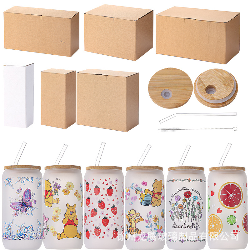 Cross-border Amazon 16oz Borosilicate Milk Tea Coffee Cup High Color Value Frosted Glass with Bamboo Lid Coke Cup