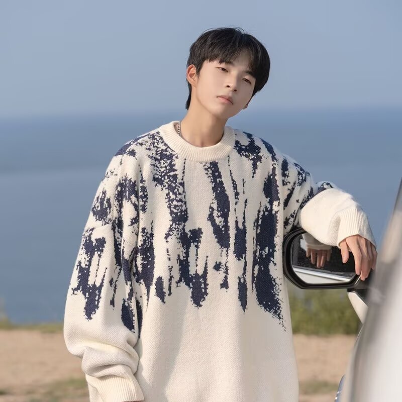 Tie-dyed Sweater Men's American-style Puffy Handsome Lazy Style Loose Knitted Sweater Autumn and Winter Elegant New Casual Sweater High Street