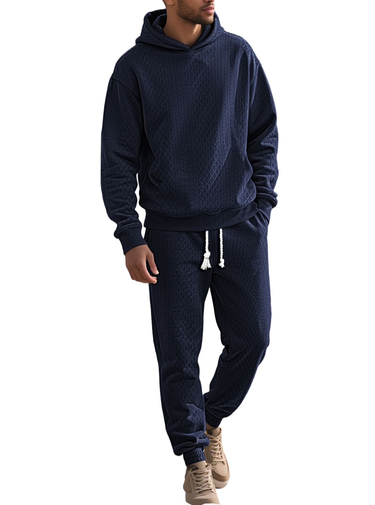 Transfronterizos TK primavera y otoño hombre deportivo relajado pantalones largos de manga larga Jacquard grande conjunto de sudadera con capuz
