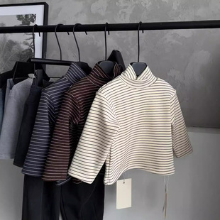 Cheese and Meow Boys 2024 Winter New Striped Semi-high Collar Base Shirt Middle and Big Kids Korean Top with Fashion