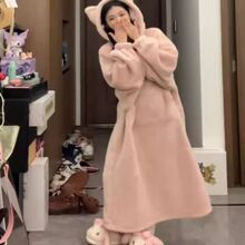 秋冬季保暖女生睡衣可爱粉色小猫咪睡裙加厚保暖珊瑚绒睡袍家居服