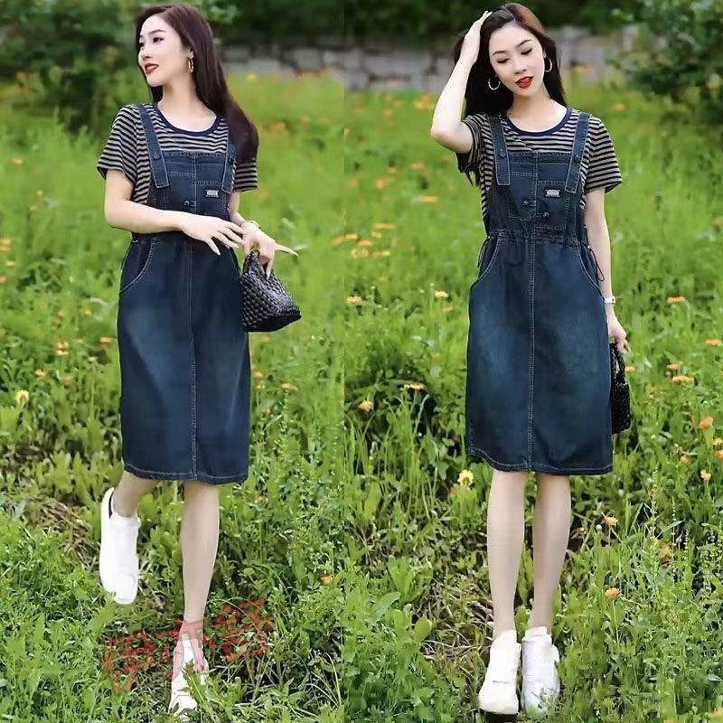 女性用フェイクツーピースデニムサスペンダースカート、夏の新しいスタイル、ウエスト痩身、小柄な人向けのファッショナブルなカジュアルドレス|undefined