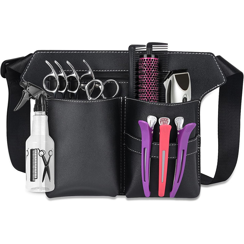 Delantal de piel de PU de Amazon transfronterizo de media longitud de gran capacidad, corte de pelo, bolsa de cabello, herramienta de peluquería, bolso de mensajero, estilo corto