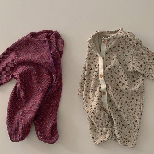 Spring style baby waffle floral jumpsuit newborn clothes autumn baby open chest buckle long bag farts rompers