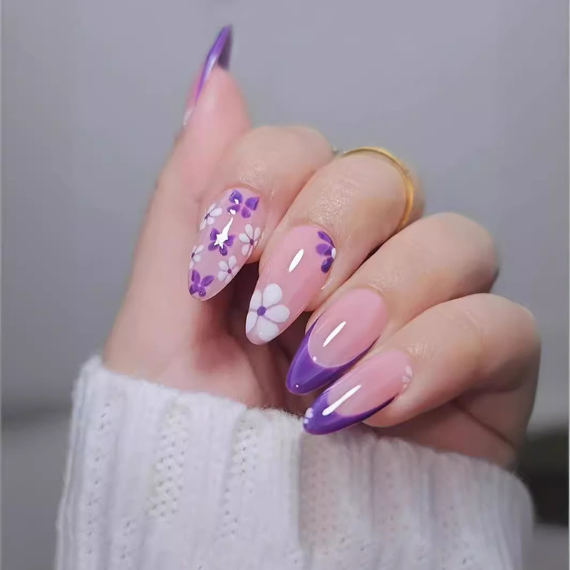 Cross-border Hot Sale French Purple Nail Art Simple French Flower Nail Patch Nail Art Wholesale Wear Nail