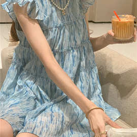 夏季韩版新款气质时尚宽松高腰半高领小飞袖减龄短款连衣裙女
