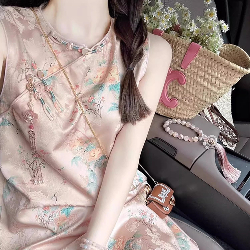 新中式国风粉色印花无袖连衣裙女2025夏季新款绝美改良旗袍短裙子|undefined