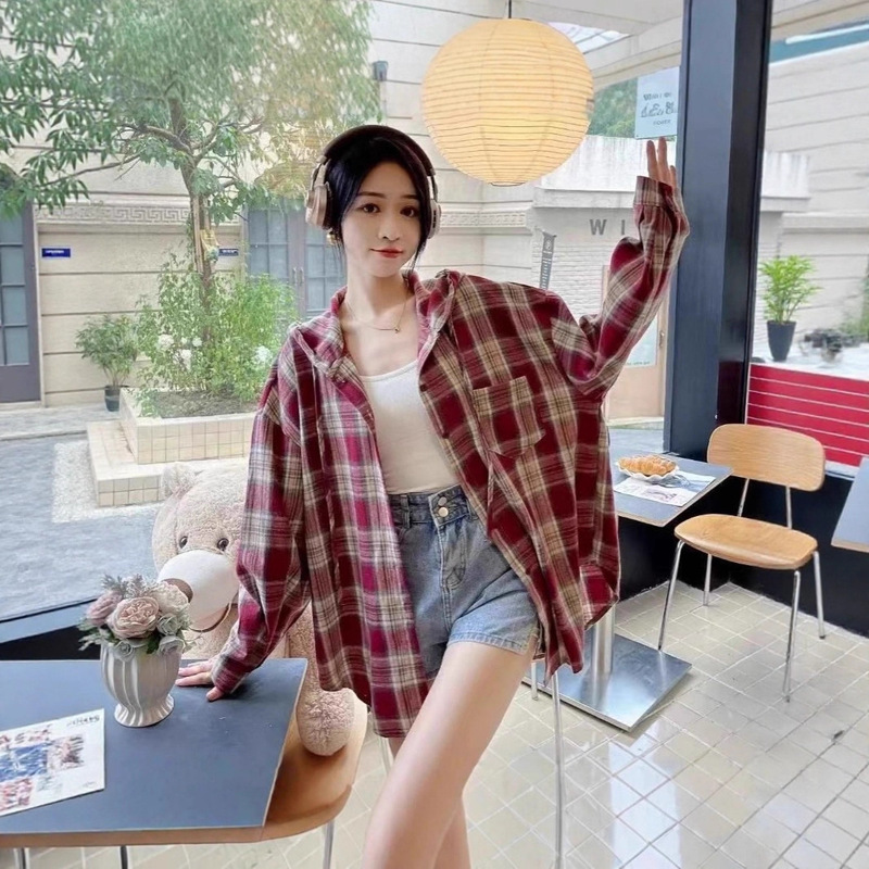 Loose Casual Hooded Plaid Shirt for Women Spring & Fall 2025 New Korean Style Lazy Casual Long-Sleeved Top Thin Jacket