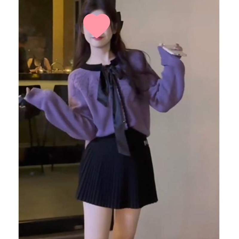 秋冬穿搭高级感套装女2025新款温柔撞色蝴蝶结毛衣百搭短裙两件套|undefined