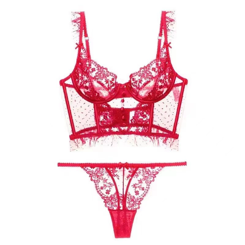 Супертонкое нижнее белье, sexy бюстье с кружевной поддержкой, комплект, французский стиль, с вышивкой, красивая спина